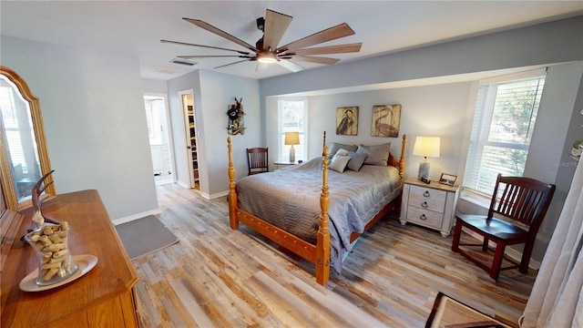 bedroom with light wood-type flooring, a walk in closet, a closet, and ceiling fan