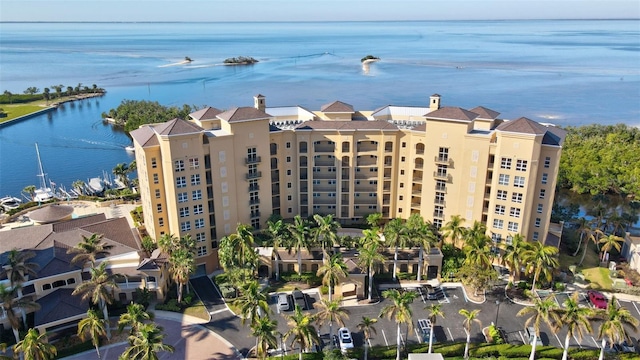 view of building exterior featuring a water view