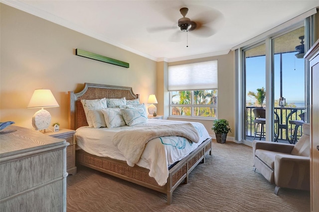 bedroom with access to outside, ceiling fan, dark colored carpet, and ornamental molding