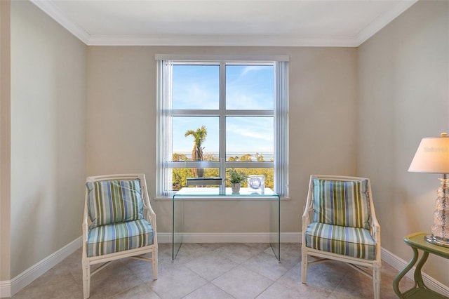 sitting room with light tile patterned floors, a wealth of natural light, and crown molding