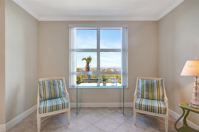 living area with light tile patterned floors, a wealth of natural light, and ornamental molding