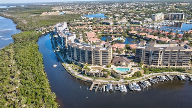 aerial view featuring a water view