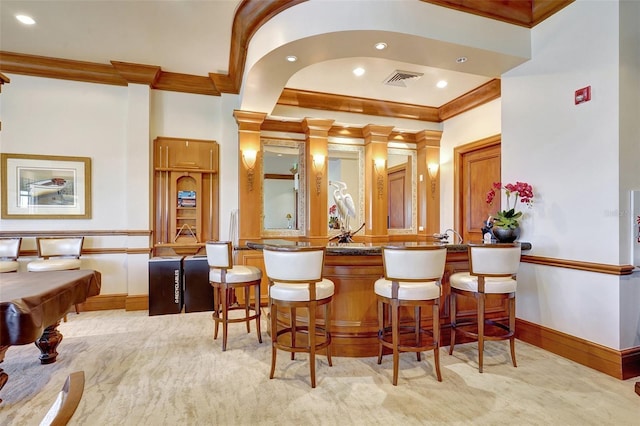 bar with light colored carpet and billiards