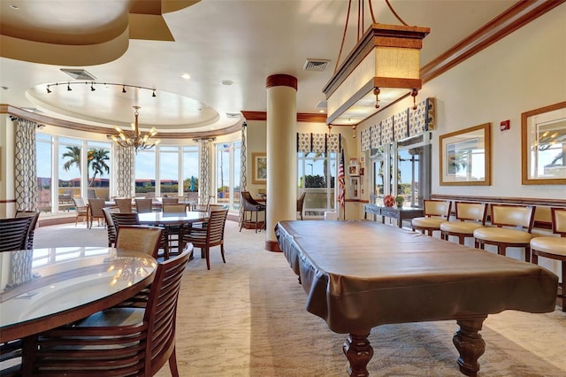 playroom with light carpet, ornamental molding, a healthy amount of sunlight, and billiards