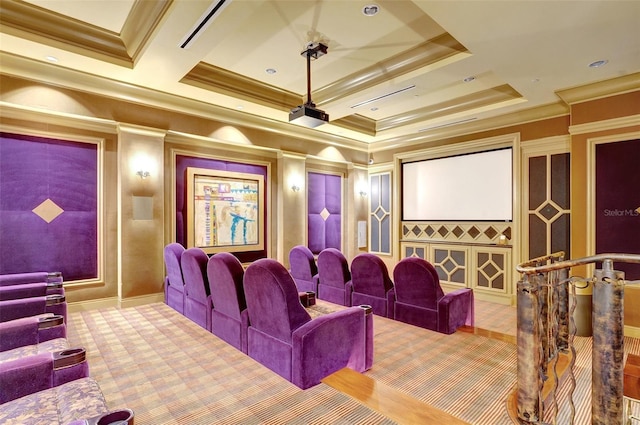 home theater with crown molding and coffered ceiling