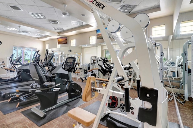 exercise room with a high ceiling, a paneled ceiling, ceiling fan, and a healthy amount of sunlight