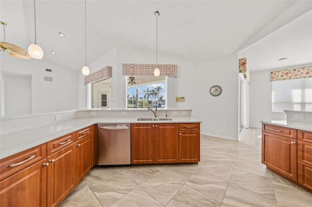 kitchen with hanging light fixtures, sink, stainless steel dishwasher, and lofted ceiling