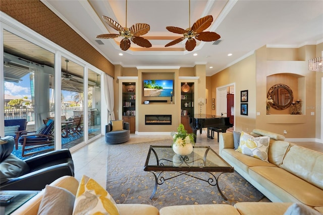 tiled living room featuring ornamental molding