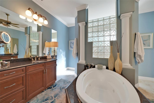 bathroom featuring ornate columns, ceiling fan, vanity, and ornamental molding