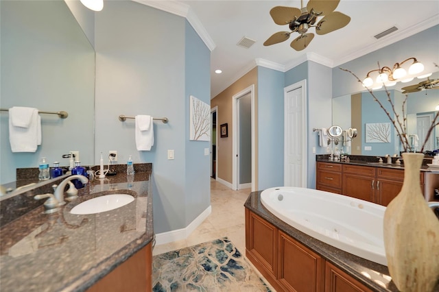 bathroom with vanity, a tub to relax in, ceiling fan, and ornamental molding