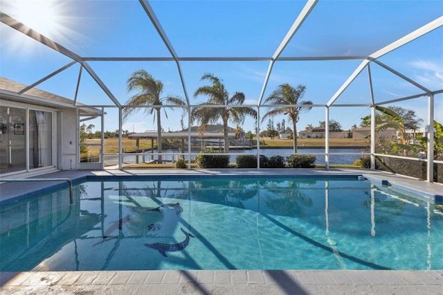 view of pool with glass enclosure and a water view