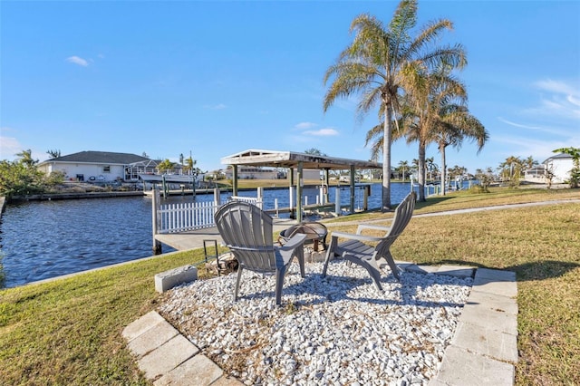 dock area featuring a water view and a yard