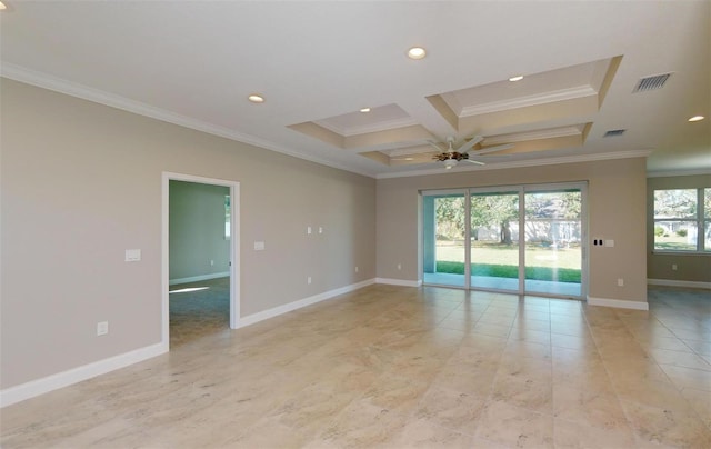 unfurnished room with beamed ceiling, ceiling fan, crown molding, and coffered ceiling