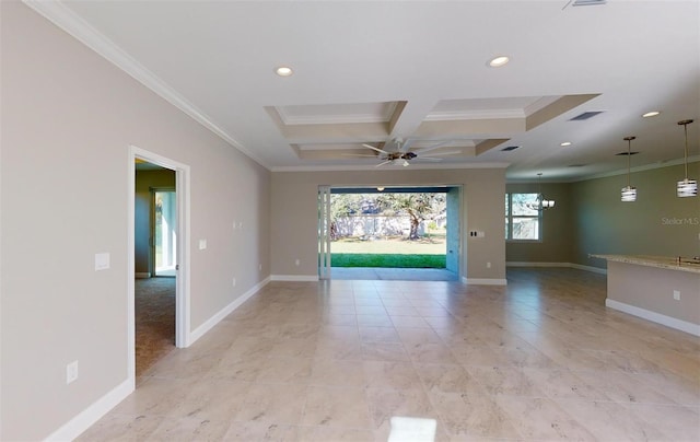 unfurnished room with beam ceiling, ceiling fan, coffered ceiling, and ornamental molding