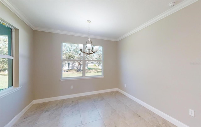 empty room with a notable chandelier, a healthy amount of sunlight, and ornamental molding