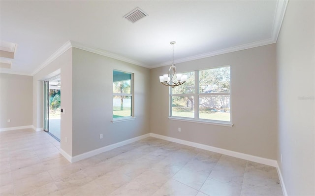 unfurnished room with crown molding and an inviting chandelier