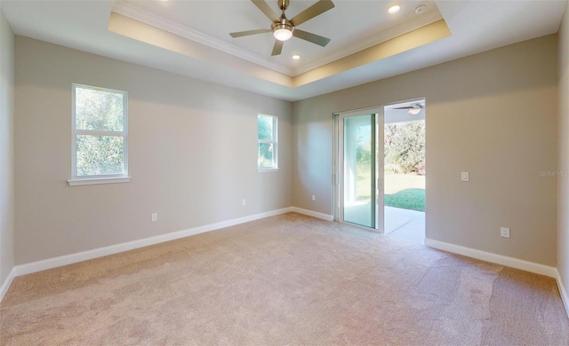 carpeted spare room with a tray ceiling, ceiling fan, and ornamental molding