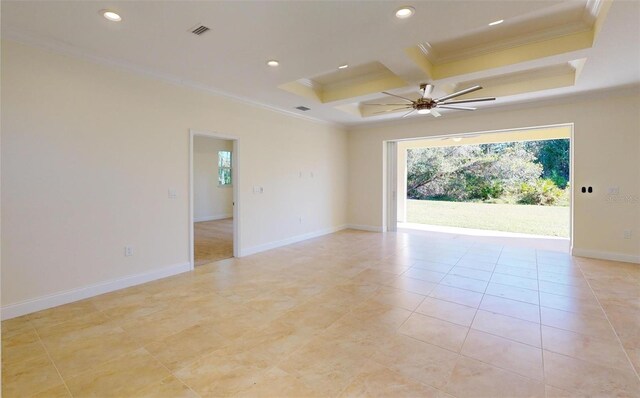 unfurnished room with beamed ceiling, ornamental molding, ceiling fan, and coffered ceiling