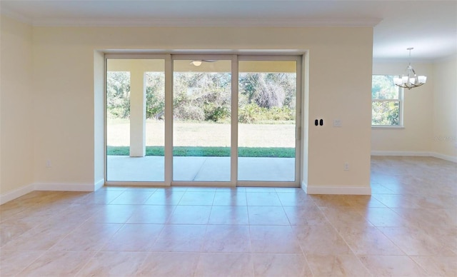 doorway to outside with ornamental molding, light tile patterned floors, and an inviting chandelier