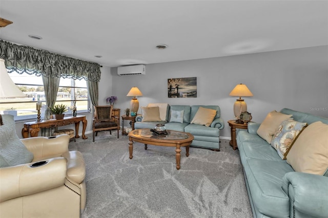 living room featuring a wall unit AC and light carpet