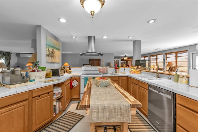 kitchen with stainless steel dishwasher, white electric range oven, island range hood, sink, and tile countertops