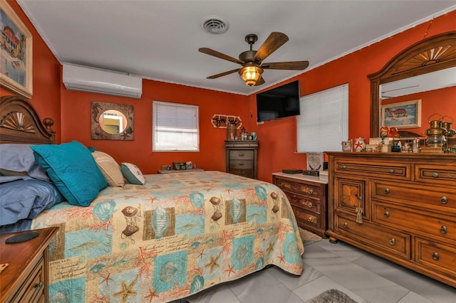 tiled bedroom featuring an AC wall unit and ceiling fan