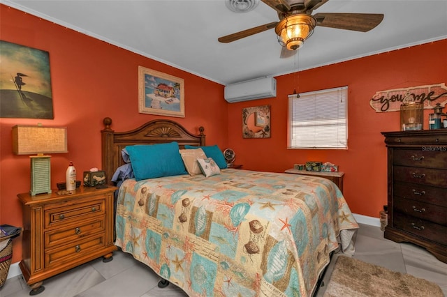 tiled bedroom with a wall unit AC, ceiling fan, and ornamental molding