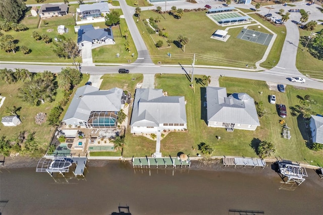 drone / aerial view with a water view