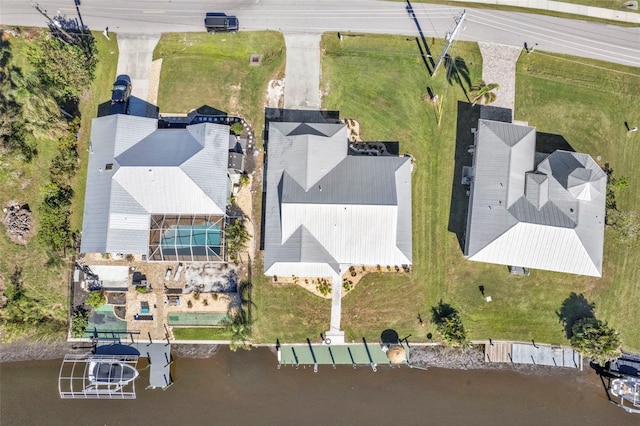 drone / aerial view featuring a water view