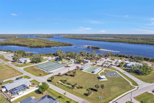 drone / aerial view with a water view