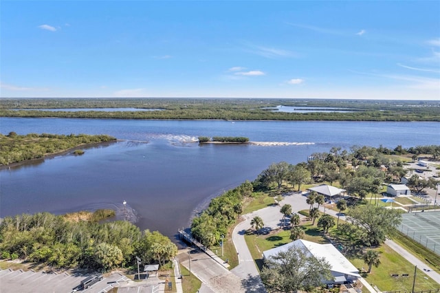 drone / aerial view with a water view