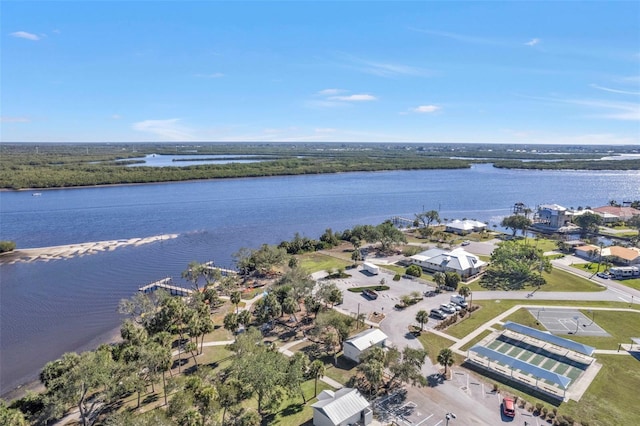 birds eye view of property with a water view