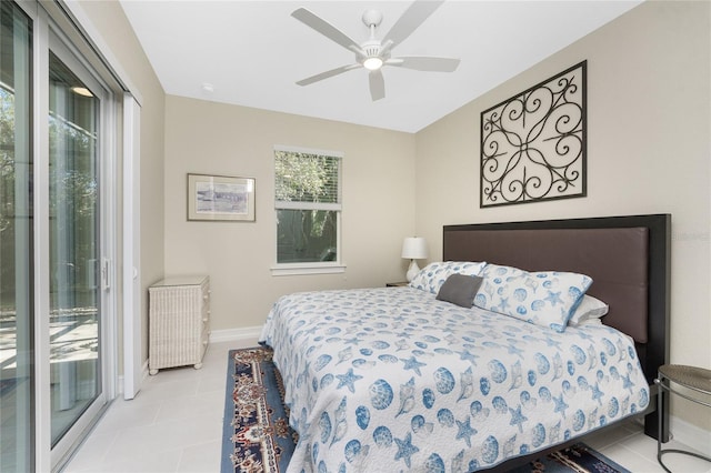 bedroom featuring access to exterior, ceiling fan, and light tile patterned floors