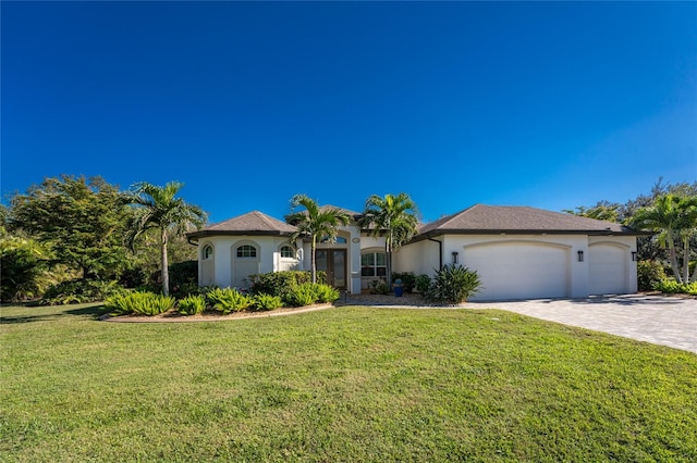 view of front of property featuring a garage and a front lawn