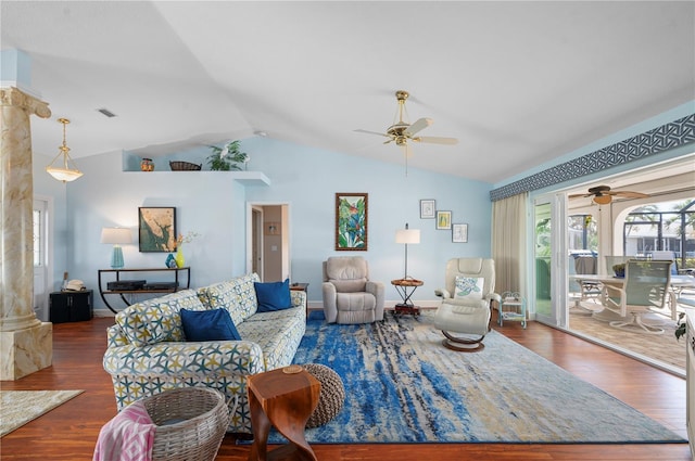 living room with ceiling fan, dark wood-type flooring, and lofted ceiling