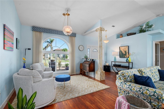 living room with lofted ceiling and wood-type flooring