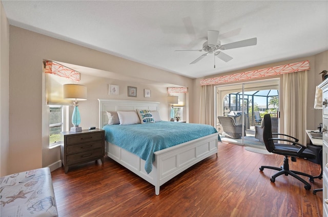 bedroom with access to outside, ceiling fan, and dark hardwood / wood-style floors