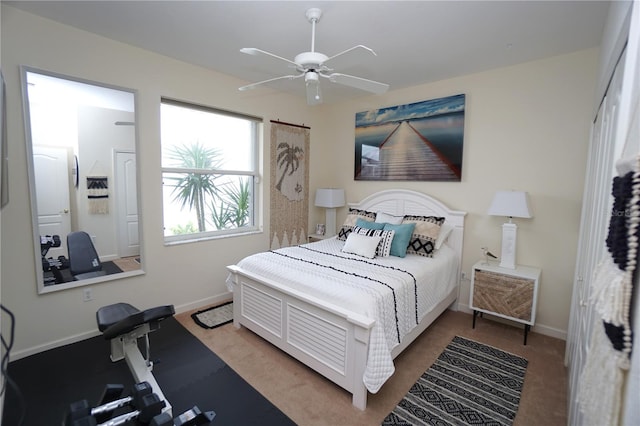 carpeted bedroom with ceiling fan