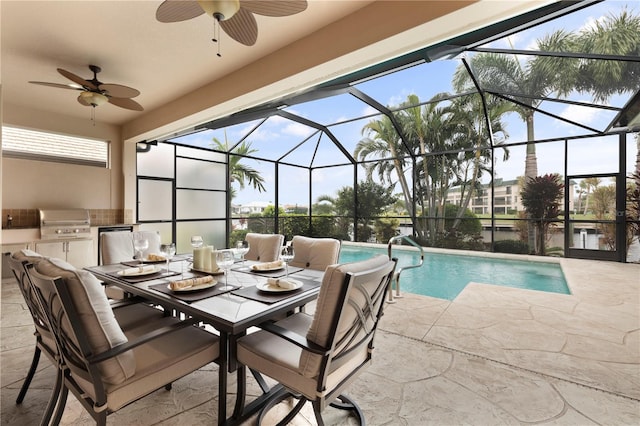 view of pool with ceiling fan, a grill, a patio, and glass enclosure