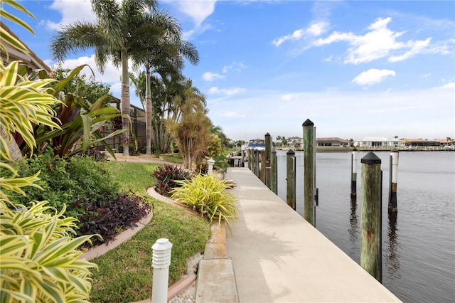 view of property's community featuring a dock and a water view