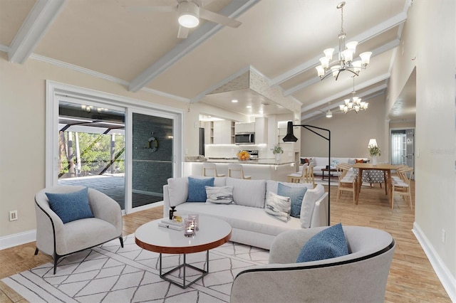 living room with vaulted ceiling with beams, crown molding, ceiling fan with notable chandelier, and light hardwood / wood-style flooring