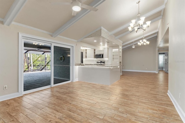 unfurnished living room featuring ceiling fan with notable chandelier, vaulted ceiling with beams, light hardwood / wood-style floors, and ornamental molding