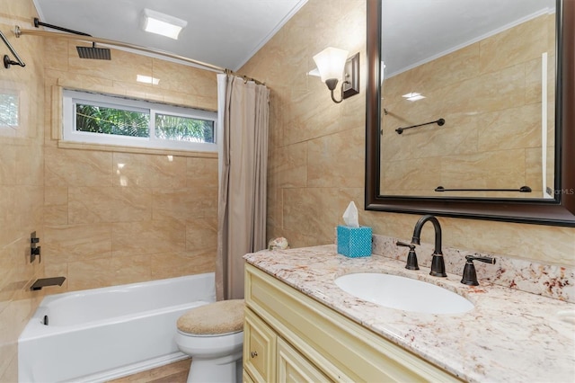 full bathroom with shower / bath combination with curtain, toilet, ornamental molding, and vanity