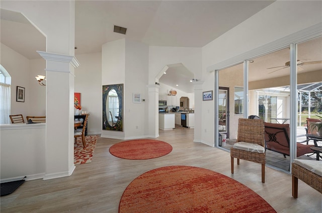 entrance foyer with a wealth of natural light, light hardwood / wood-style floors, and lofted ceiling