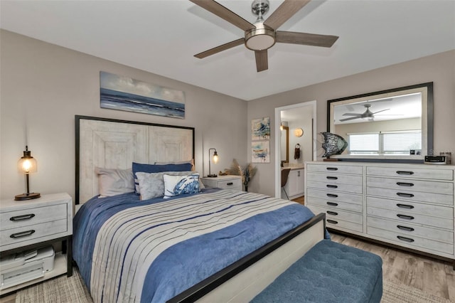 bedroom with connected bathroom, ceiling fan, and light hardwood / wood-style floors