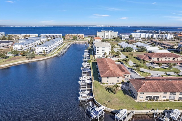 bird's eye view with a water view