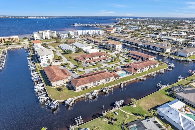 drone / aerial view with a water view