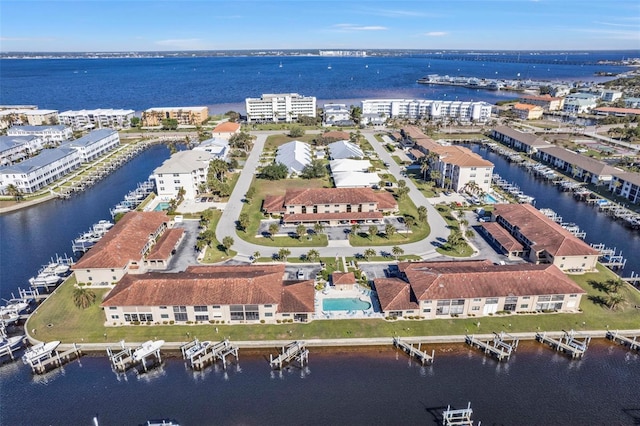 drone / aerial view with a water view