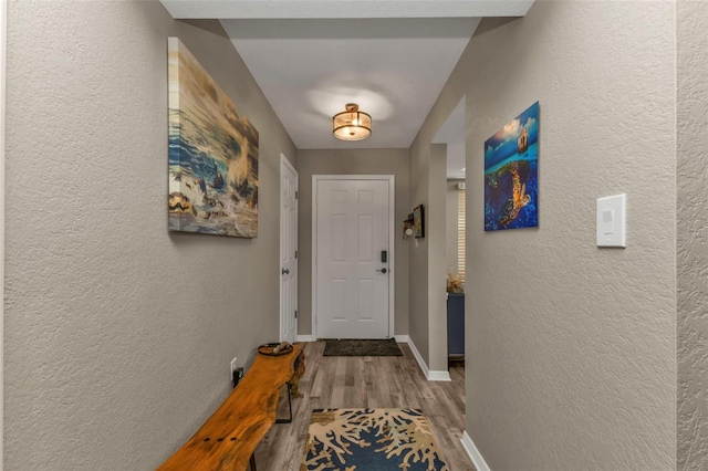 entryway featuring wood finished floors, baseboards, and a textured wall