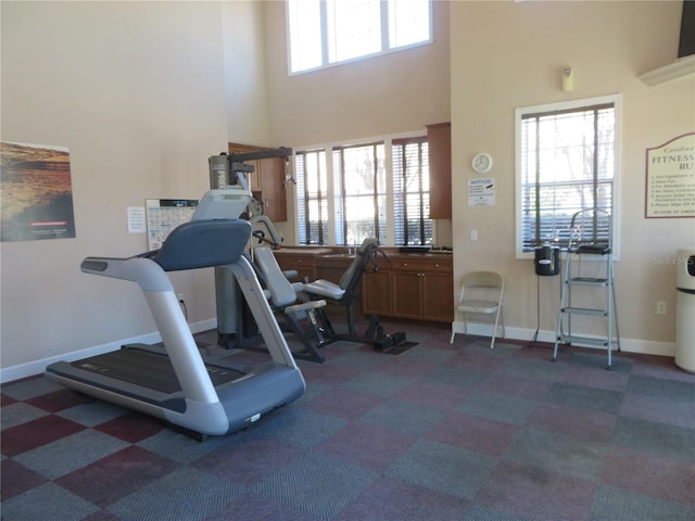 exercise room with a towering ceiling